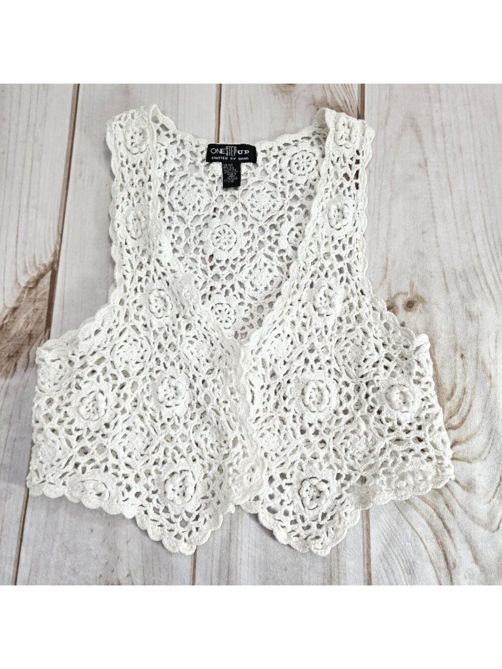 Y2K One Step Up Cardigan Sweater One Size White Hand Knit Button Crochet Open